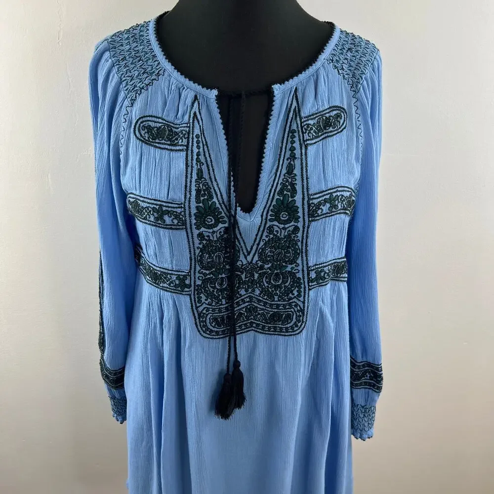 FREE PEOPLE Wind Willow Womens River Skies Blue Embroidered Boho Mini Dress XS